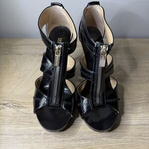 Michael Kors MK Black Patent Strappy Zipper Cage Heel Sandal Goth Punk Party 7.5